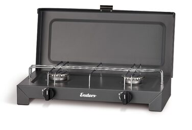 Газова плита Enders Camping Stove CANBERRA 2, 2-конфоркова, 2 конфорки з нержавіючої сталі 2x2,3 кВт, може працювати від газового балона або накрутного картриджа, загальна потужність 4,6 кВт, підставка для каструлі, знімна кришка, 1790