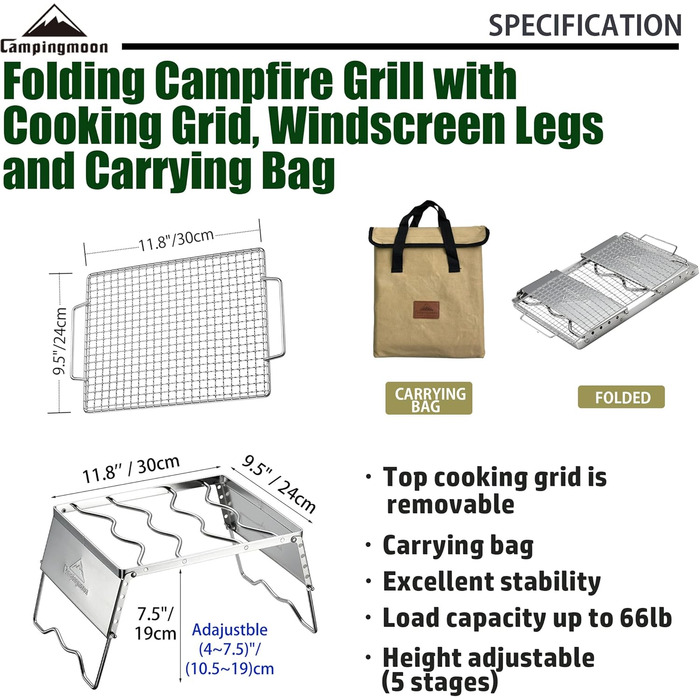 Складана решітка для гриля на відкритому вогні, для приготування їжі на вогнищі, портативна, з нержавіючої сталі 304, з решіткою для гриля, ніжками для вітрового скла та сумкою для перенесення MS-1018-SW