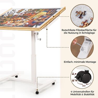 Стіл-пазл на 1500 елементів, стіл-пазл з 6 шухлядами та однією основою, дошка-пазл з регулюванням висоти та 4-рівневим регулюванням нахилу, стіл-пазл з кришкою та 4 колесами, 89 x 68 см