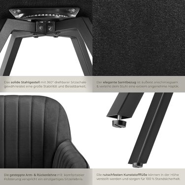 Обідні стільці tectake з підлокітниками, ергономічне крісло-обшивка з оббивкою з стьобаного оксамиту, обертові стільці для вітальні, обіднього столу, кабінету, туалетного столика, кухонних стільців - комплект з 4 шт. , чорний