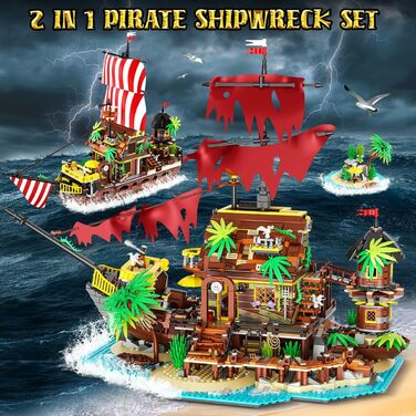 Міні-конструктор INSOON Pirate Shipwreck House зі світлодіодом, 2 в 1 Pirate Ship Building Block 1854 шт., Shipwreck Model Home Decor Піратський корабель Іграшка Подарунок для дорослих Діти Хлопчики від 10-12