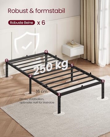 Каркас односпального ліжка VASAGLE, Ліжко, 90 x 200 см, Металеве ліжко, Каркас ліжка, Місце для зберігання під ліжком, Сучасне, Гостьове ліжко, Легке складання, Чорно-чорний RMB132B01 90 x 200 см Висота - 35,6 см