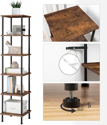 Полиця HOOBRO, 6-ярусна книжкова шафа, вузька кутова полиця, окремостояча полиця, промислова полиця, полиця для зберігання, офісна полиця, відкриті полиці для вітальні, спальні, балкона, кухні, вінтажний коричневий EBF55CJ01 Вінтажний коричневий чорний 30