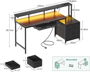 Ігровий стіл Coleshome зі світлодіодним освітленням, 140x48 см, стіл з тканинними шухлядами, комп&39ютерний стіл з 2 розетками та 2 USB-портами, ігровий стіл з підставкою для монітора для домашнього офісу, чорний 140x48 см, чорний