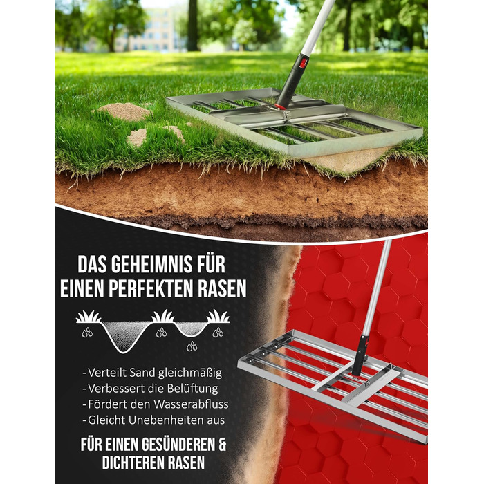 Гребінь для газону з нержавіючої сталі 75x35 см - професійний вирівнювач для газону з ручкою - для розрівнювання, підсипання піском та догляду - ергономічний інструмент для вирівнювання газону, що зберігає спину
