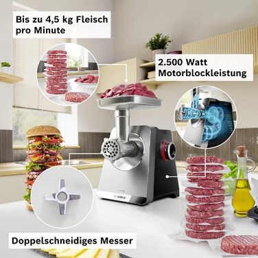 Електрична м'ясорубка Bosch Serie 8 MultiPower MFWS840M, 2500 Вт, нержавіюча сталь, 3 диски (3/4.5/8 мм), насадки для кеббе та ковбас, шинка-терка, придатна для миття в посудомийній машині