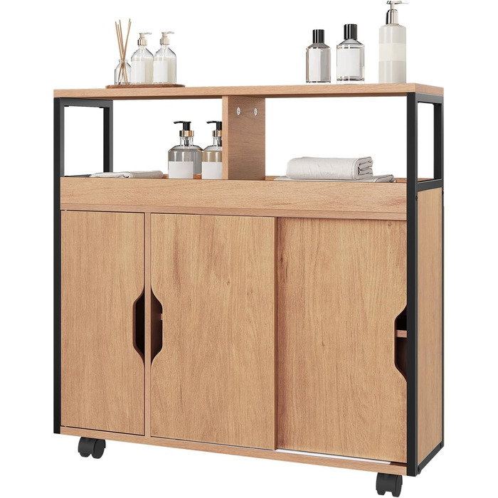 Шафка для ванної кімнати EUGAD, вузька нішева шафка, шафка для ванної кімнати з 2 відкритими відділеннями, регульована полиця, розсувні дверцята, нішева полиця з колесами, 70x70x20 см, чорний світлий дуб E1-MDF метал 70x20x70 см