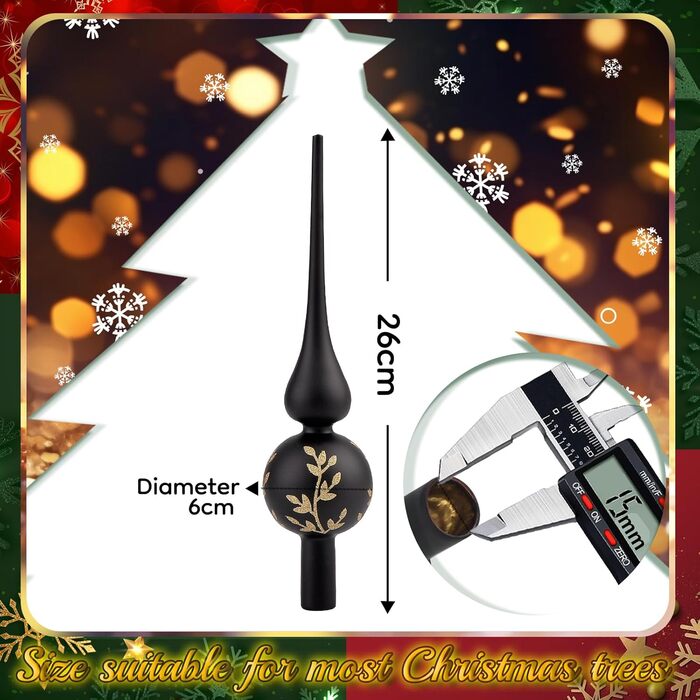 Скляна новорічна верхівка для ялинки 26 см чорна-золотиска Hukermoon