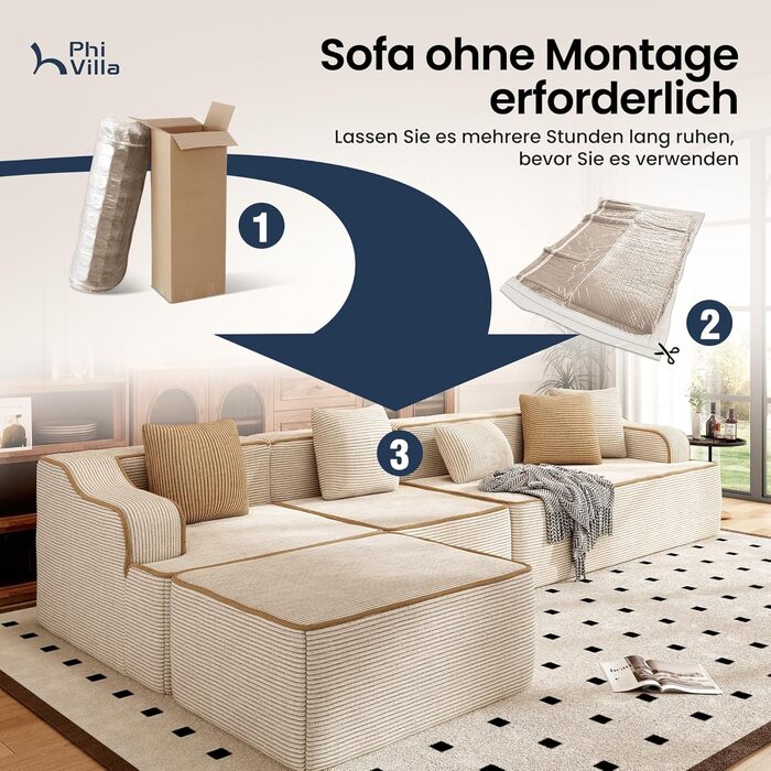 Кутовий диван PHI VILLA зі сном, Cloud, безкістковий диван, 5-місний L-подібний модульний диван для вітальні, вельвет, не потребує складання, бежевий, 5-місний, бежевий