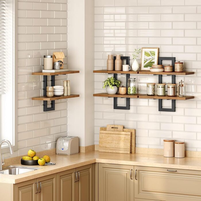 Плаваючі настінні полиці HOOBRO, 2-рівнева настінна дошка, комплект із 3 плаваючих полиць, підвісні полиці для ванної кімнати, настінні полиці 38 см, для вітальні, спальні, кухні, вінтажний коричневий та чорний EBF32BJP301 Вінтажний коричневий, чорний 3