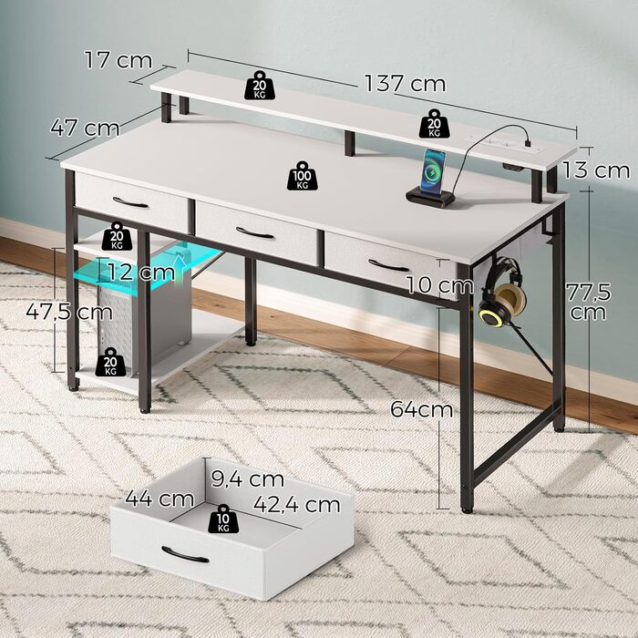 Письмовий стіл Rolanstar з шухлядами, комп&39ютерний стіл з розетками та світлодіодним освітленням, ігровий стіл з підставкою для монітора, полицею та 2 гачками, ігровий стіл для офісу, вітальня (білий, 137x47x90,5 см) білий 137 см