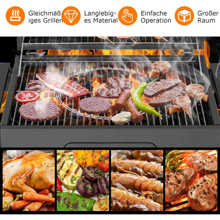 Мангал GOPLUS з кришкою, візок для барбекю на 2 колесах з 2 відкидними боковими столиками, 8 гачками, термометром і відкривачкою д