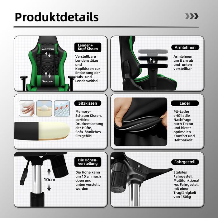 Ігрове крісло, офісне крісло, ігрове крісло з функцією гойдання до 170, ергономічне ігрове крісло з регульованою поперековою подушкою та підголівником, м&39яке ігрове крісло з подушкою сидіння, ігрове крісло 150 кг