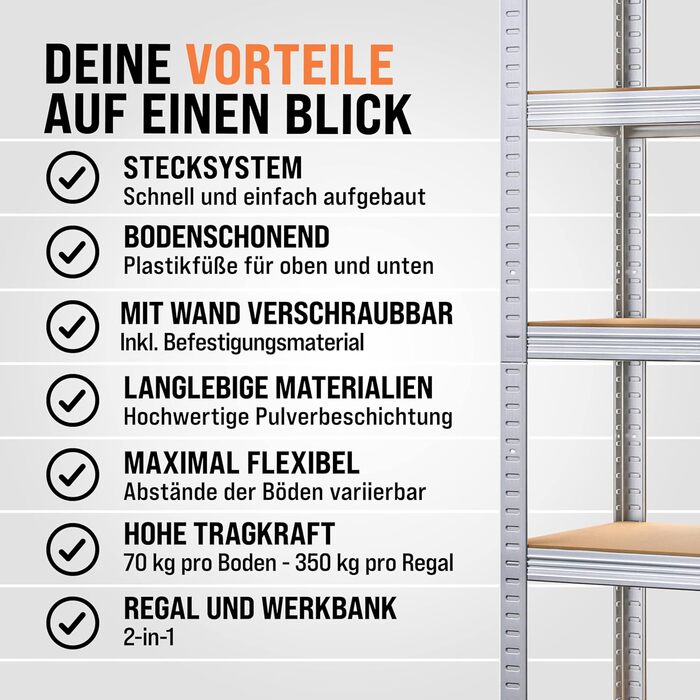 Стелаж Monzana для важких умов експлуатації 170x75x30 см 350 кг 5 стелажів з МДФ Стелажі для зберігання Стелажі для підвалу Безболтові стелажі Стелаж для майстерні 170 x 75 x 30 см - 5 полиць, сріблястий
