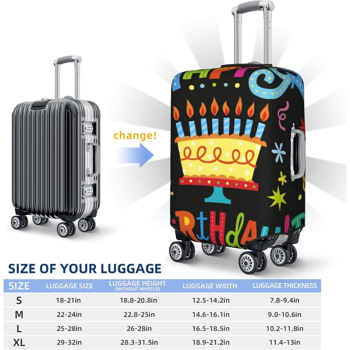 Чохол для валізи Щасливого Дня Народження, великий розмір, захисний, міцний, підходить для валіз розміром 45.7 - 81.3 см, XL, чорний