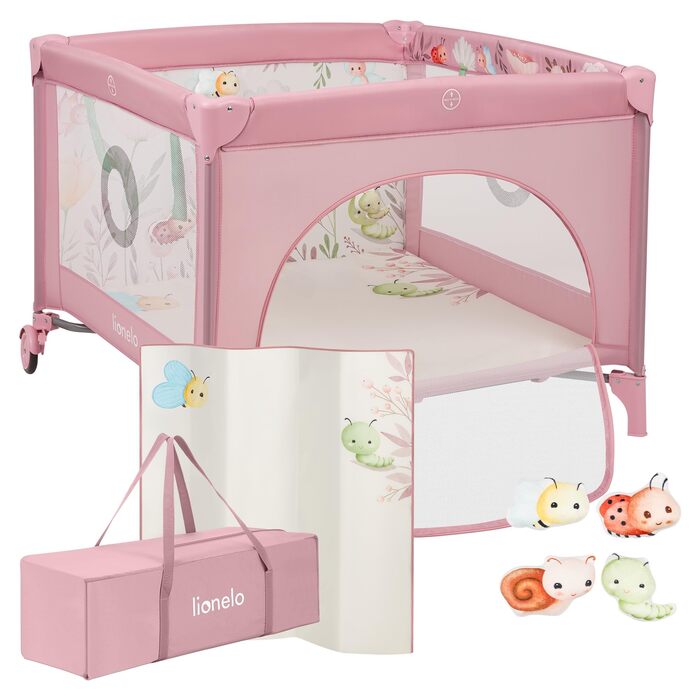 Дитячий манеж та дорожнє ліжечко LIONELO Mille Plus 2-в-1 100x100 см з матрацом та 3D-чохлом для немовлят, вагою до 15 кг (0-36 місяців), бічний вхід на блискавці, 2 колеса з гальмами, складний, сумка для перенесення рожевого кольору
