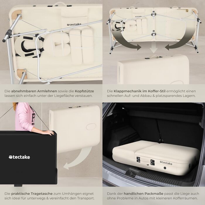 Зонний масажний стіл, складний масажний стіл, регульований по висоті алюмінієвий масажний стіл, портативне масажне ліжко з аксесуарами, підголівник, підлокітник, сумка для перенесення - бежевий. Ширина без підлокітників 78 см. Бежевий., 3-