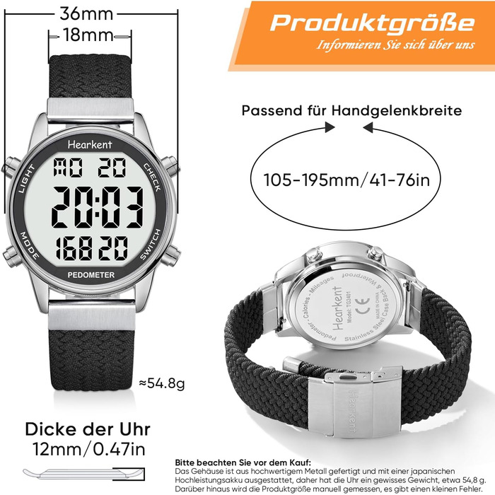 Крокомір для жінок, фітнес-трекер для ходьби, водонепроникний спортивний годинник, лічильник калорій, наручний годинник з великим цифровим дисплеєм, для пенсіонерів, жінок та людей похилого віку, чорний