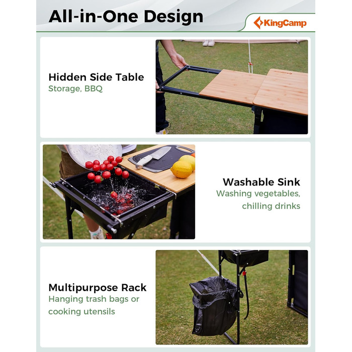 Складана кемпінгова кухня KingCamp з раковиною, бамбукова кемпінгова шафа, складна вулична кухня з місцем для зберігання, вітровим склом та тримачем для лампи, міцна алюмінієва рама, дорожня кухня, кемпінгові меблі для пікніків-барбекю, кемпінгова шафа з 