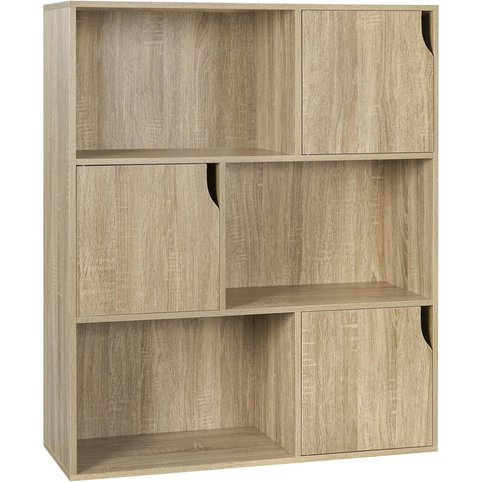 Книжкова полиця eSituro, стояча полиця з 3 дверцятами та 9 відділеннями, кубічна полиця, полиця для дитячого офісу, окремостояча полиця для вітальні, спальні, світлий дуб