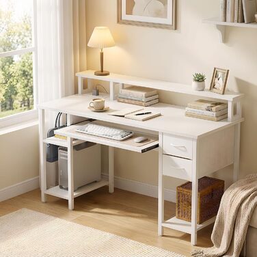 Письмовий стіл з 2 шухлядами, 120 x 50 см, комп&39ютерний/ігровий стіл з підставкою для клавіатури, регульованою по висоті бічною полицею, підставкою для монітора та розеткою для домашнього офісу та вітальні, білий, 120 x 50 см