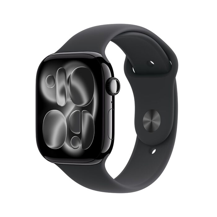 Розумний годинник Apple Watch Series 11 GPS 46 мм із алюмінієвим корпусом Diamond Black та чорним спортивним ремінцем (M/L). Оцінка сну, фітнес-трекер, відстеження здоров&39я, завжди ввімкнений дисплей, водонепроникність. Корпус M/L 46 мм Diamond Black/Bl