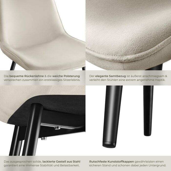 Стільці для обіду tectake, комплект з 2 шт., м&39яке крісло, кухонне крісло, крісло для вітальні, крісло для туалетного столика, ергономічне крісло з оксамитовою спинкою та сидінням, чорні металеві ніжки - кремові, комплект з 2 шт.