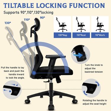 Офісне крісло, ергономічне офісне крісло, зручне робоче крісло, регульоване по висоті, крісло з повітропроникної сітки, обертове крісло з діапазоном повороту 90, 110 та 130, з можливістю блокування, вантажопідйомність до 150 кг, крісло з сітки
