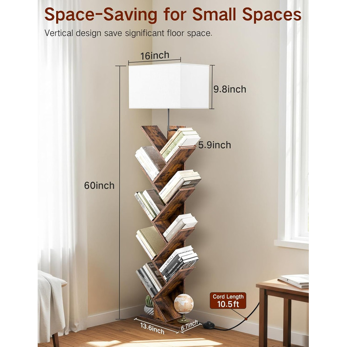 Книжкова полиця у формі дерева з підсвічуванням, 9-ярусна кутова полиця, пульт дистанційного керування та таймер, вузька дерев&39яна окремостояча полиця, невелика полиця для книг, CD та DVD, для вітальні, дитячої кімнати, офісу (колір рустик-коричневий)