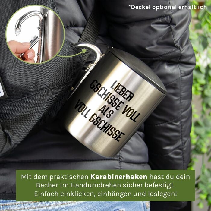 Відсоткові моменти. Краще бути повним лайна, ніж повним лайна Сталева чашка для пиття з карабіном Ідея подарунка 330 мл Чашка Для кемпінгу Ключки Срібна без кришки