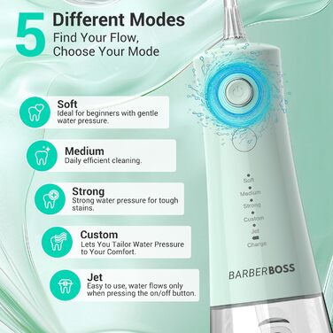 Бездротовий іригатор для порожнини рота, електричний зубний флоссер з 5 режимами тиску, водонепроникний IPX8, портативний пристрій для догляду за яснами, набір для очищення зубів, QR-7101 (Пастельно-зелений)