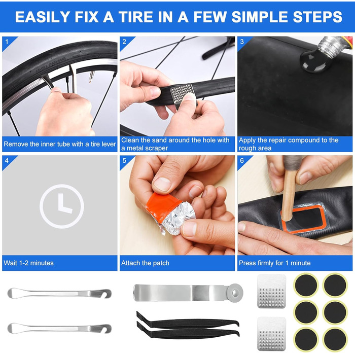 Набір велосипедних інструментів, мультиінструмент 16-в-1 з водонепроникною кришкою, міні-насос, 12 гумових накладок з клейким покриттям, практичне місце для зберігання