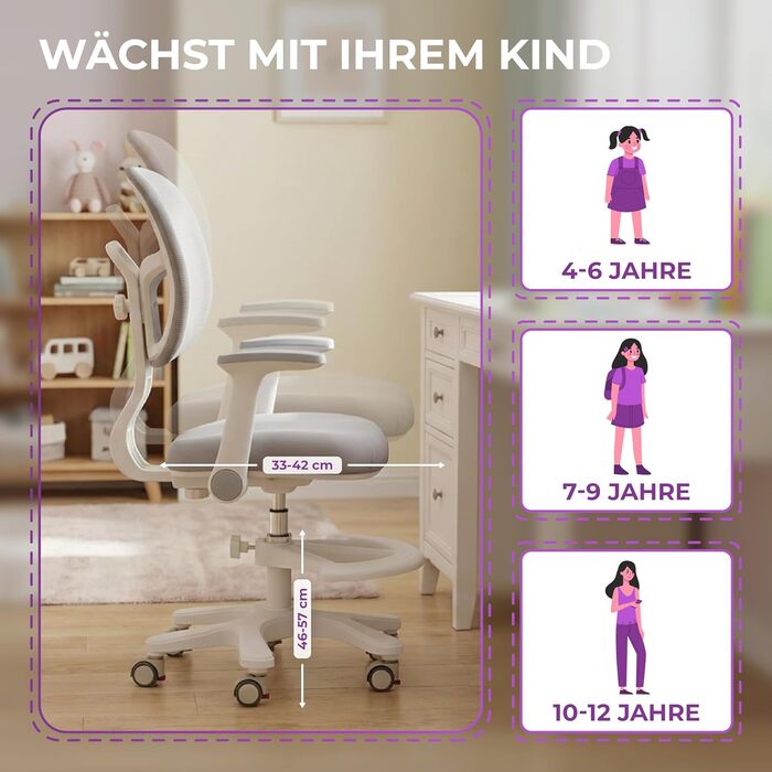 Дитяче письмове крісло Spacetronik - Ергономічне дитяче письмове крісло з 6 колесами, регульованими підлокітниками, підставкою для ніг, регульованим по висоті сидінням - 4-15 років, регульована підставка для ніг, 6 колесів, сірий