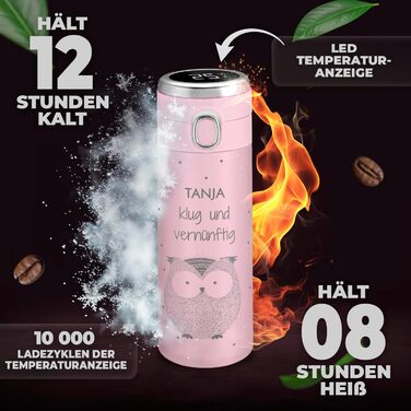 Термокружка Maverton з гравіюванням, 400 мл - Пляшка для води з нержавіючої сталі - зі світлодіодним дисплеєм температури - Герметична, 100 водонепроникна - Для жіночих днів народження - Рожева - Сова