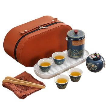 Легкий розкішний портативний чайний набір з кераміки для швидкого заварювання чаю. Китайський офісний чайник та чашки в подарунковій коробці, блакитний колір.