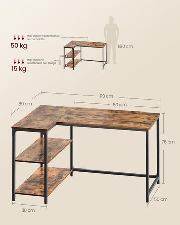 Г-подібний кутовий стіл, комп&39ютерний стіл з місцем для зберігання, офісний стіл, полиця з регульованою висотою, для домашнього офісу, 110 x 80 см, вінтажний коричневий LWD135KD01 Вінтажний коричневий 110 x 80 см Без подовжувача