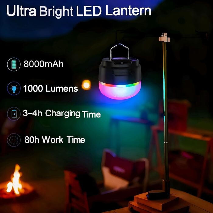 Ліхтар для кемпінгу, світлодіодний ліхтар для кемпінгу, заряджається через USB з ємністю 8000 мАг, 13 рівнів яскравості, 6 регульованих рівнів яскравості та вбудований сильний магніт, водонепроникний ліхтар для кемпінгу, аварійне RGB-підсвічування плюс