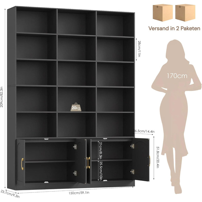 Книжкова шафа FirFurd 209 см з дверцятами, книжкова шафа з 15 відділеннями, вітрина, висока шафа, дерев&39яна багатофункціональна шафа, велика для вітальні, кабінету, кухні, 150 x 23,7 x 209 см, чорна