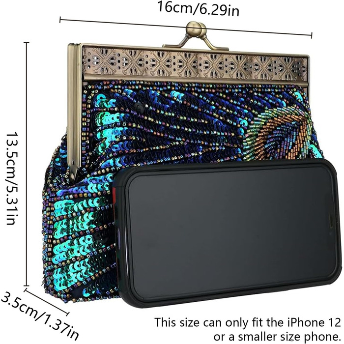 Клатч жіночий Kwolf Павичче сяйво, вінтажний стиль, з паєтками та перлами, блакитно-павичий, універсальний розмір. Ідеально для весілля, вечірки, коктейлю.