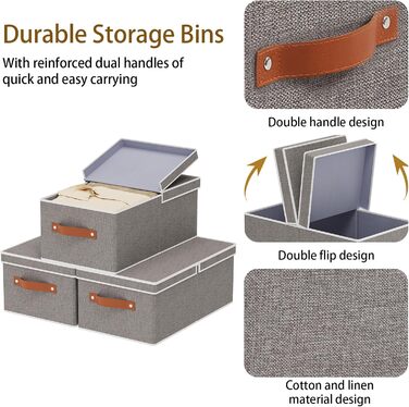 Набір із 3 коробок для зберігання, коробки для зберігання зі знімними кришками, коробки-органайзери для книг та одягу, неткане полотно, можна прати, 33x23x14 см, сірий 33x23x14 см (3 шт.) сірий