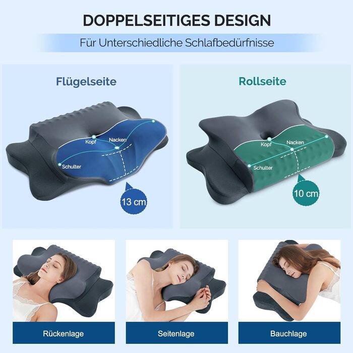 Подушка для шиї, подушка з піни з ефектом пам&39яті, ергономічна подушка, подушка для підтримки шиї для сну на боці, спині та животі, темно-сіра, 64 x 39 x 13 см