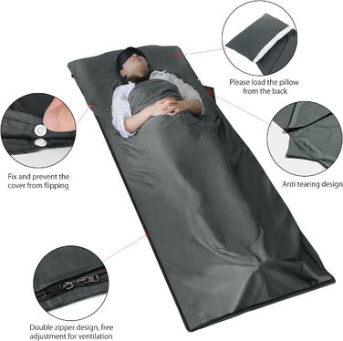 Бавовняний спальний мішок MYCARBON 2-в-1, 95x220 см, надлегкий спальний мішок із захисним чохлом на блискавці, ідеально підходить для походів, подорожей, кемпінгу, активного відпочинку, хостелів, гірських хатин, сірий