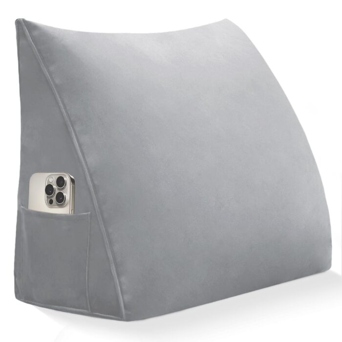 Подушка для читання Трикутна клиноподібна подушка для ліжка та дивана, зручна подушка для спини, мяка опорна подушка для читання та відпочинку, зі знімним чохлом, який можна прати, сіра, 45 см