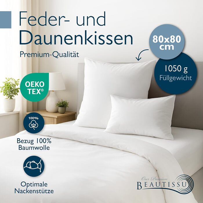 Пухова подушка Beautissu 80x80 80x80 Пухова та пір&39яна подушка 100 зроблено в Німеччині Пухова подушка 80 x 80 см Сертифіковано Oeko-Tex, Downpass та Nomite Можна прати та сушити в сушильній машині FK 80x80 см (1 упаковка)
