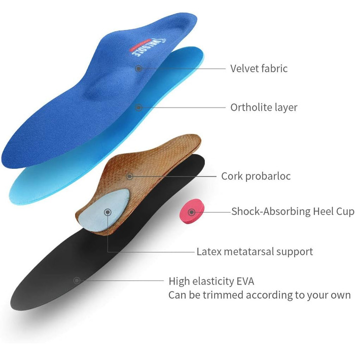 Ортопедичні устілки VALSOLE для жінок та чоловіків, висока підтримка стопи, м&39які функціональні вкладки для взуття при плоскостопості, плантарному фасціїті, болю в стопі 37-38 EU 24 см синього кольору