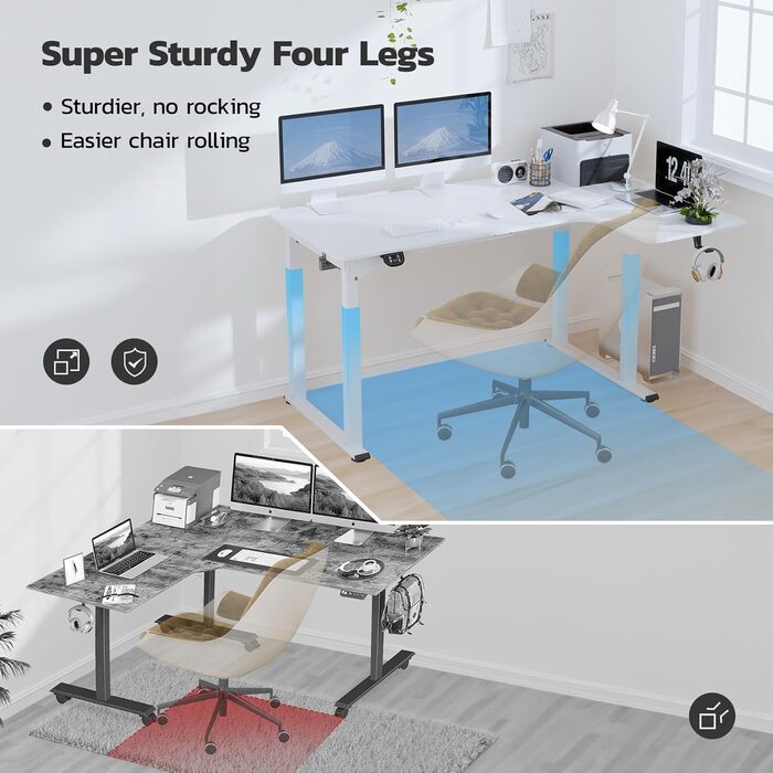 Електричний стіл Dripex з регульованою висотою 180x110 см, L-подібний стіл з регульованою висотою та подвійним двигуном, кутовий стіл з 4 ніжками для суперстійкості, дошка для зрощування, білий 180 x 110 см