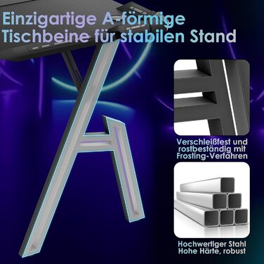 Ігровий стіл 160 x 60 см, ігровий стіл, комп&39ютерний стіл у формі літери А з RGB-світлодіодним підсвічуванням, карбонова поверхня, ергономічний кутовий стіл з підставкою для чашок та гачком для навушників, 160 x 60 см