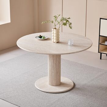 Круглий обідній стіл з циліндричними ніжками, під мармур, сучасний мінімалістичний обідній стіл для вітальні або кухні, 115 x 115 x 75 см Жовтий травертин