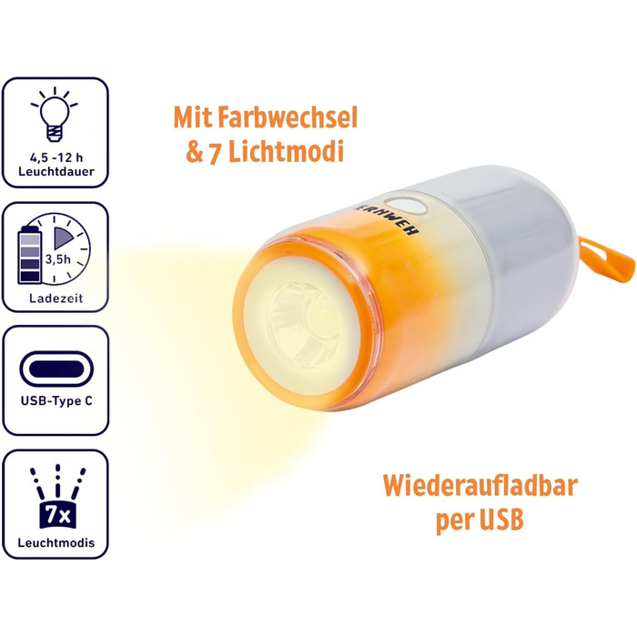 Кемпінговий ліхтар Fernweh Duo, акумуляторний світлодіодний ліхтарик 2-в-1 зі зміною кольору та 7 режимами освітлення, ліхтарик та підсвічування настрою, для кемпінгу та дому, на вулиці та в приміщенні.
