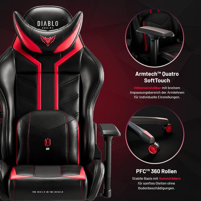 Геймерське крісло Diablo X-Ray, офісне крісло, геймерське крісло, письмове крісло, 4D підлокітники, ергономічний дизайн, штучна шкіра, перфороване, функція гойдання, чорно-червоне, розмір King (XL)